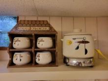 MCM West Bend pottery soup cups and 2Qt pot with electric warmer