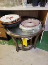 Rattan glass top end table with platters, bowls and stool