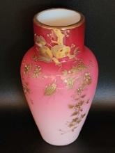 Antique pink ombre glass vase with enameled beetle & floral attr to Webb