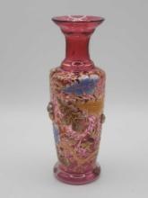 4.5" tall antique Moser style RAISED enamel acorn vase, cranberry & gold