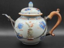 Finely hand painted Chinese teapot w/ silver mounts