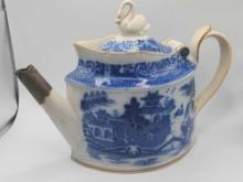 Antique transferware blue & white porcelain teapot, Chinese motif
