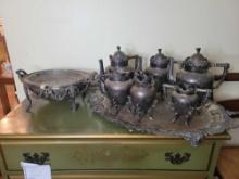 Antique Wilcox silverplate 123 tea set, decorated with figures and busts
