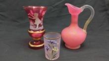 Mary Gregory Vase, Bristol cup, & Enameled Pitcher