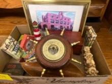 1 flat of small collectibles , cards, German made weather center etc