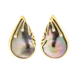 0.10 ctw Diamond and Black Mother of Pearl Teardrop Earrings - 14KT Yellow Gold