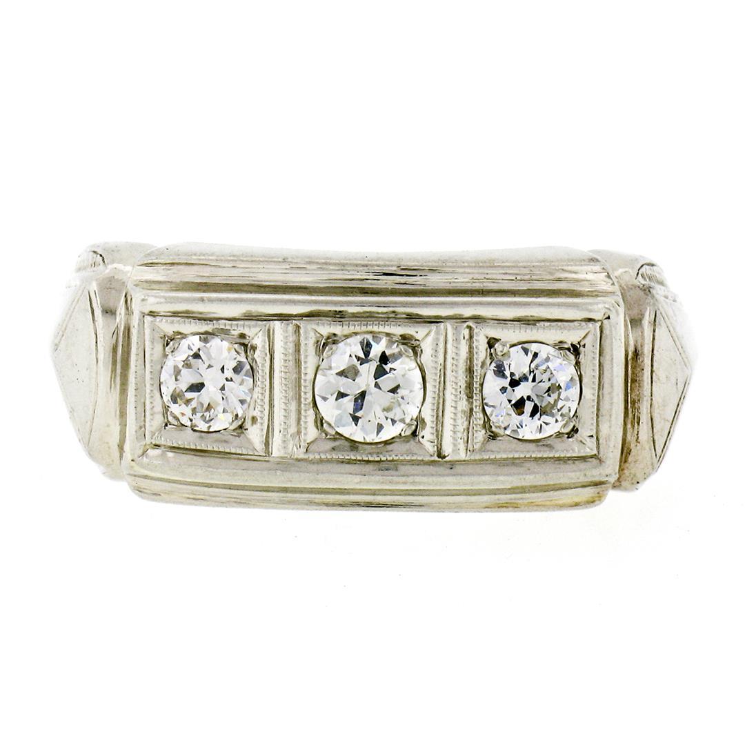 Men's Antique Art Deco 14K White Gold 0.75 ctw European Diamond 3 Stone Band Rin