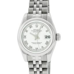 Rolex Ladies New Style Sapphire Quickset White Roman Smooth Bezel Wristwatch 26M