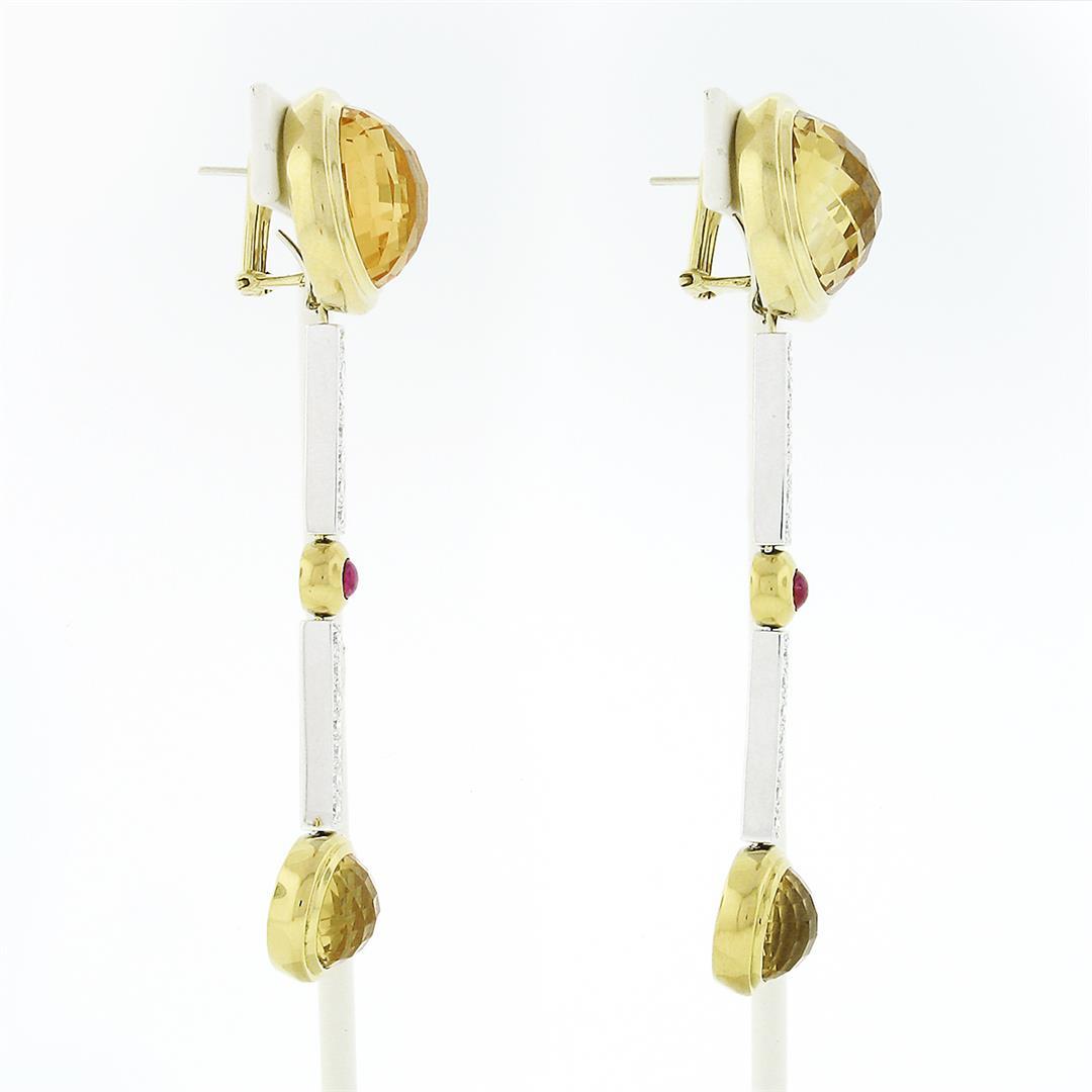 Antonini 18K TT Gold Bezel Citrine Diamond & Ruby Long Dangle Day Night Earrings