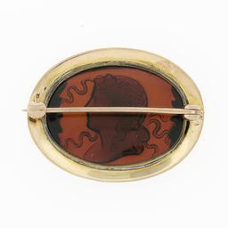 Antique 14K Yellow Gold Sideways Oval Carved Brown Glass Cameo Floral Pin Brooch
