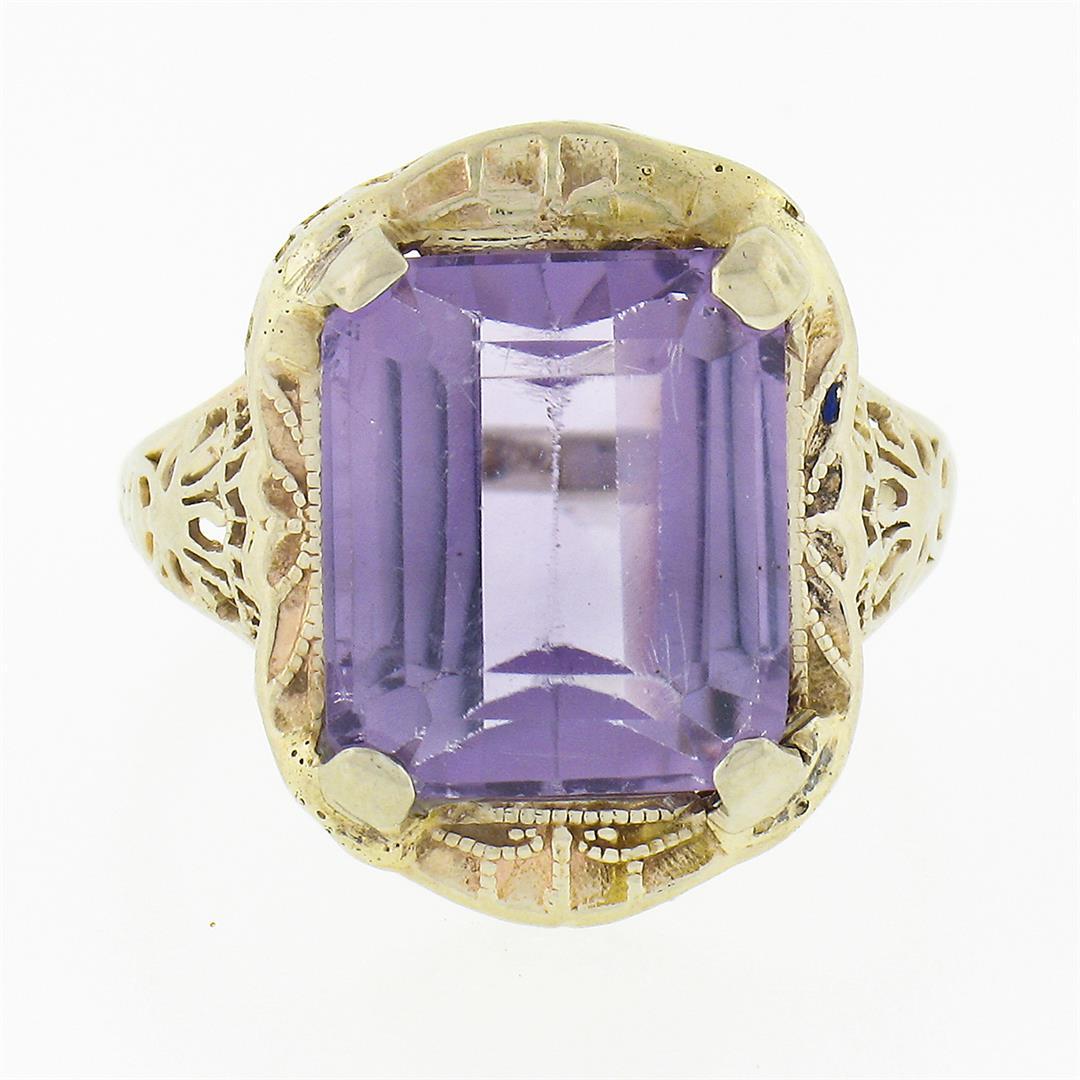 Antique Art Deco 14k Gold Rectangular Step Cut Amethyst Solitaire Filigree Ring