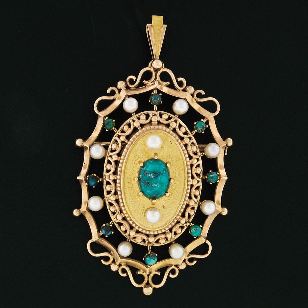 Vintage 18k Gold Oval Turquoise & Round Pearl Open Work Brooch Pin or Pendant