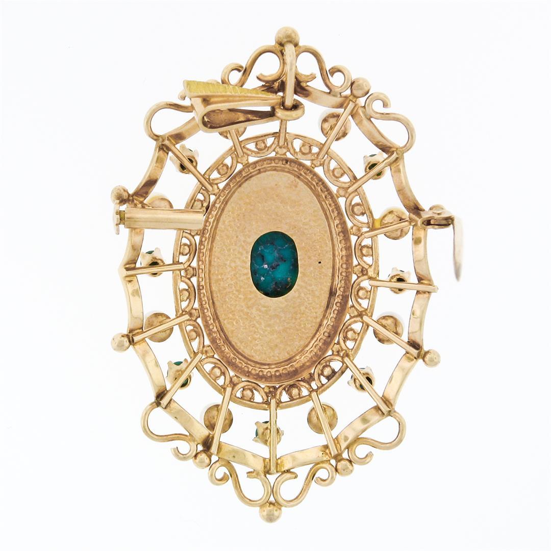 Vintage 18k Gold Oval Turquoise & Round Pearl Open Work Brooch Pin or Pendant