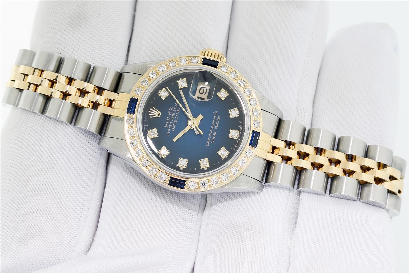 Rolex Ladies 2T Quickset Blue Vignette Diamond And Sapphire Datejust Wristwatch