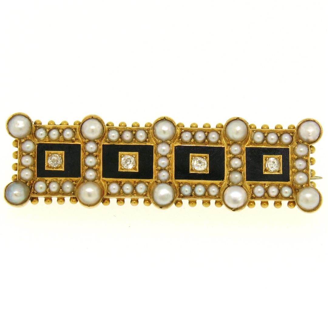Antique Victorian 15k Yellow Gold Old Mine Cut Diamond Seed Pearl & Onyx Bar Pin