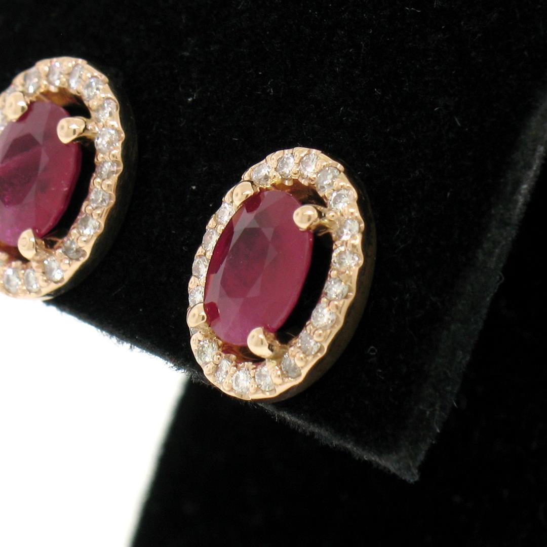 NEW 14k Rose Gold 2.54 ctw Solitaire Oval Ruby w/ Diamond Halo Post Stud Earring