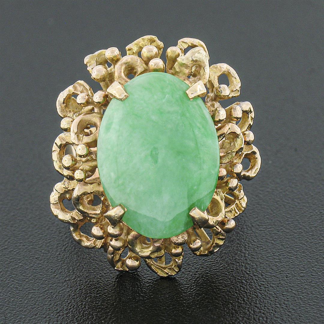Vintage 14k Gold Oval Cabochon Jade Solitaire Free Form Dual Halo Cocktail Ring