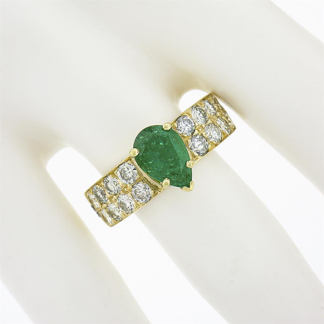 18k Yellow Gold 3.06 ctw Pear Prong Emerald Solitaire Pave Diamond Engagement Ri