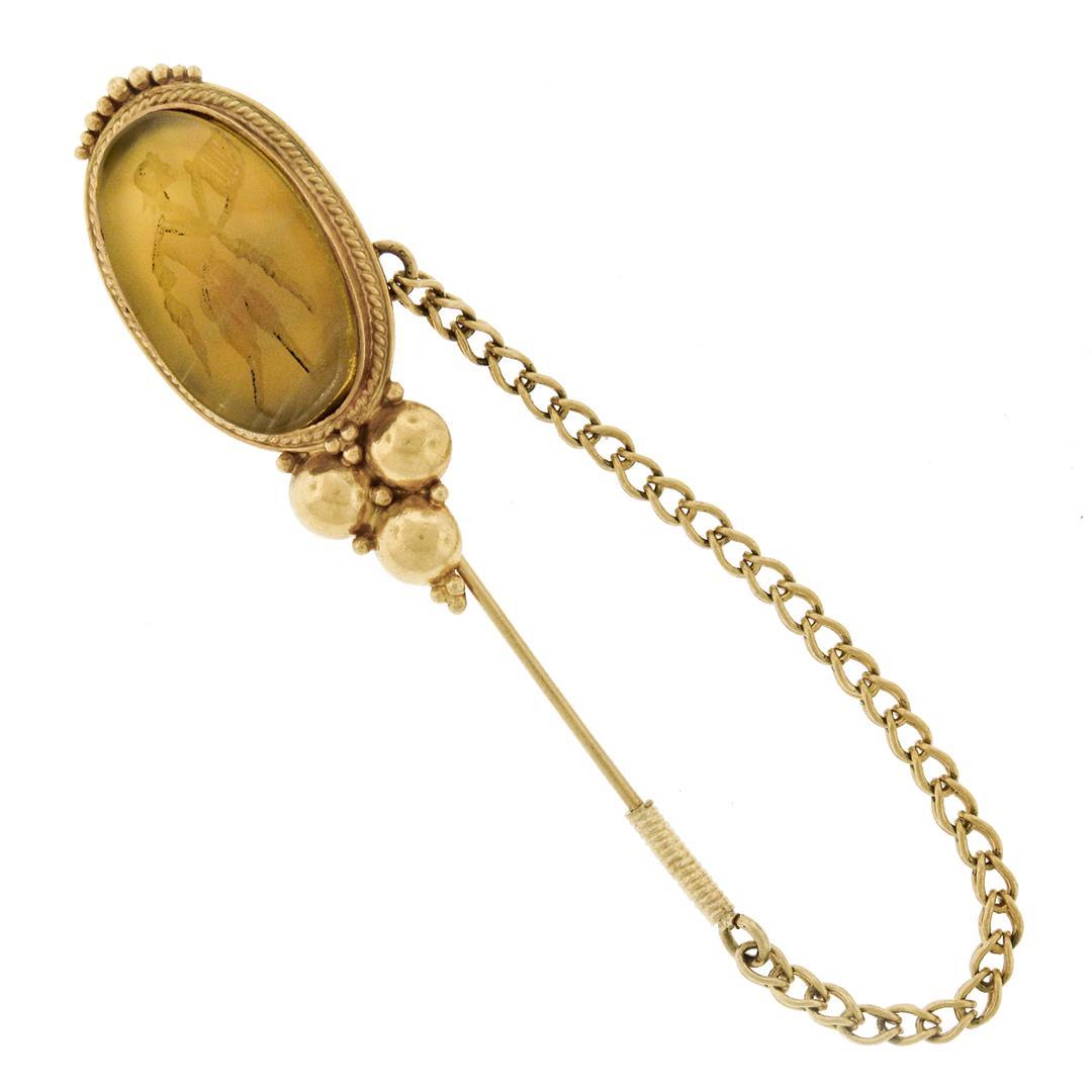Antique 18K Yellow Gold Large Carved Agate Intaglio Stick Pin w/ Cap & Chain