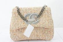 Chanel White Multicolor Fantasy-weave Shimmer Tweed Silver Logo Handbag