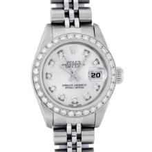 Rolex Ladies Quickset Stainless Steel Silver Diamond Bezel Datejust Wristwatch