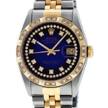 Rolex Mens Two Tone Blue Vignette String Pyramid Diamond Datejust Wristwatch 36M