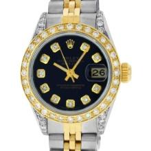 Rolex Ladies Quickset Two Tone Black Diamond Lugs Datejust Wristwatch 26MM
