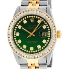 Rolex Mens Two Tone Green Vignette Princess Cut Diamond Datejust Wristwatch