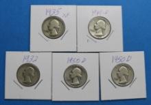 Lot of 5 90% Silver Washington Quarters - Various Years