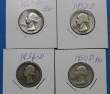 Lot of 4 90% Silver Washington Quarters - Various Years