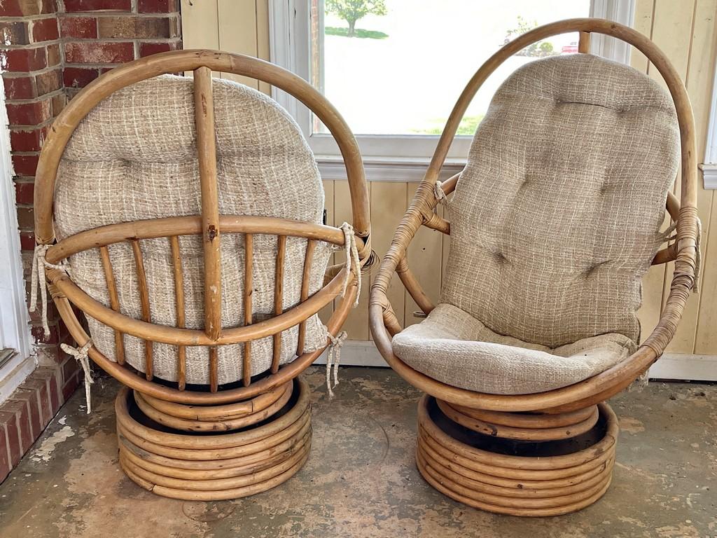 Pair of Rattan Rocking and Swivel Chairs with Upholstered Cushions