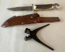 Antique Bullet Mold & Stag Handled Black Hawk Germany Knife In Sheath