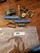 Assorted Military Pins, Korea Keychain, & Buckle
