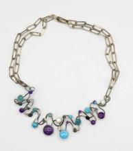 Veronica Poblano Sterling Silver, Turquoise, Sugilite, & Moon Stone Necklace, 20" in length