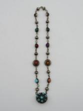 Lee and Bessie Yazzie Sterling Silver and Inlaid Stone Rosary Style Necklace