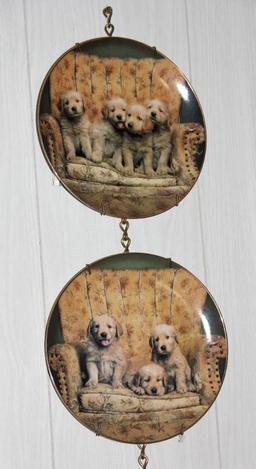 4 Dog-Themed Collector Plates on Chain Hanger and 1 Framed Picture