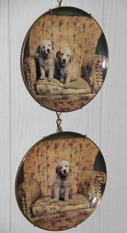 4 Dog-Themed Collector Plates on Chain Hanger and 1 Framed Picture