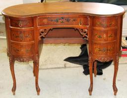 Elegant Antique French Wood Desk with Floral Painted Accents