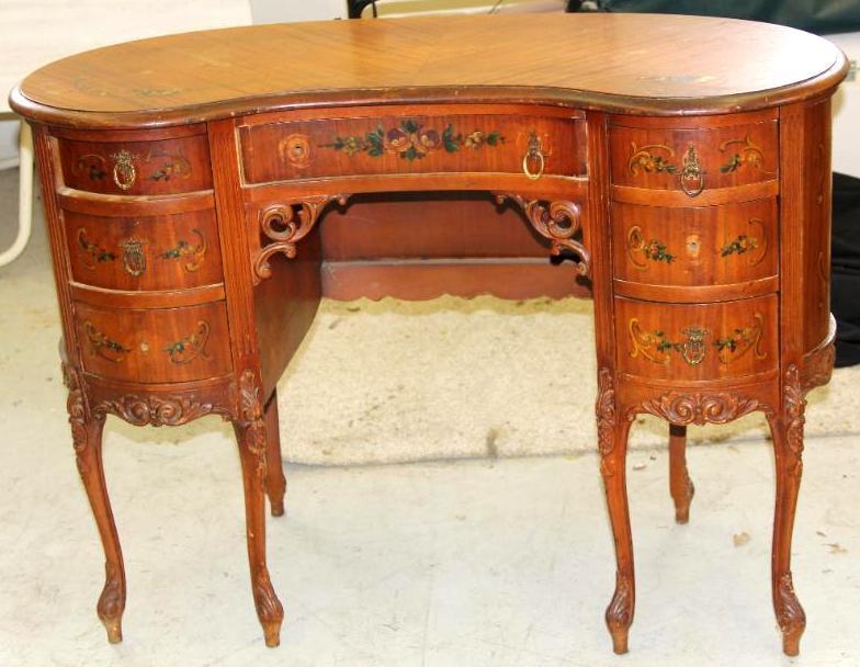 Elegant Antique French Wood Desk with Floral Painted Accents