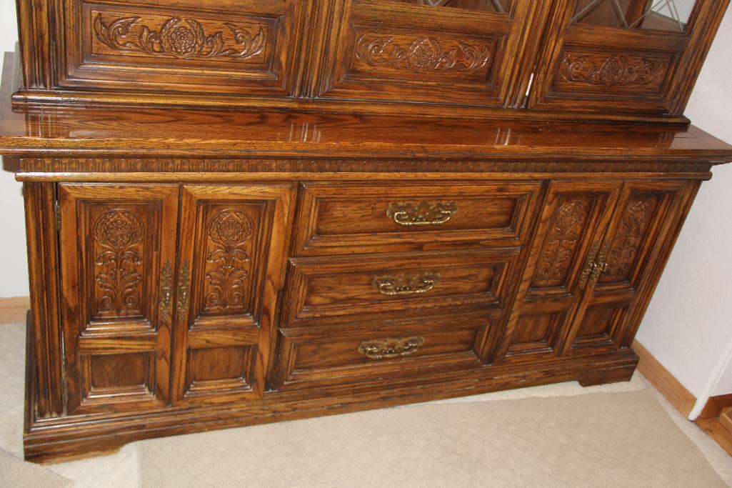 Dark Wood Hutch with Glass-Fronted Door Top Cabinet