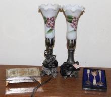 Pair of Small Ornamental Brass and Glass Lamps and More