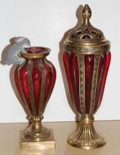 Pair of Baroque-Style Ruby Glass and Brass Pedestal Vessels