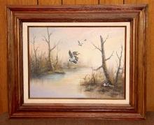 Original Oil on Canvas Ducks Over Water Signed Ambrose