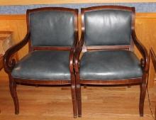 Pair of Beautiful Dark Cherry Wood and Blue Leather Chairs