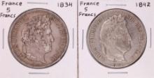 Lot of 1834 & 1842 France 5 Francs Silver Coins
