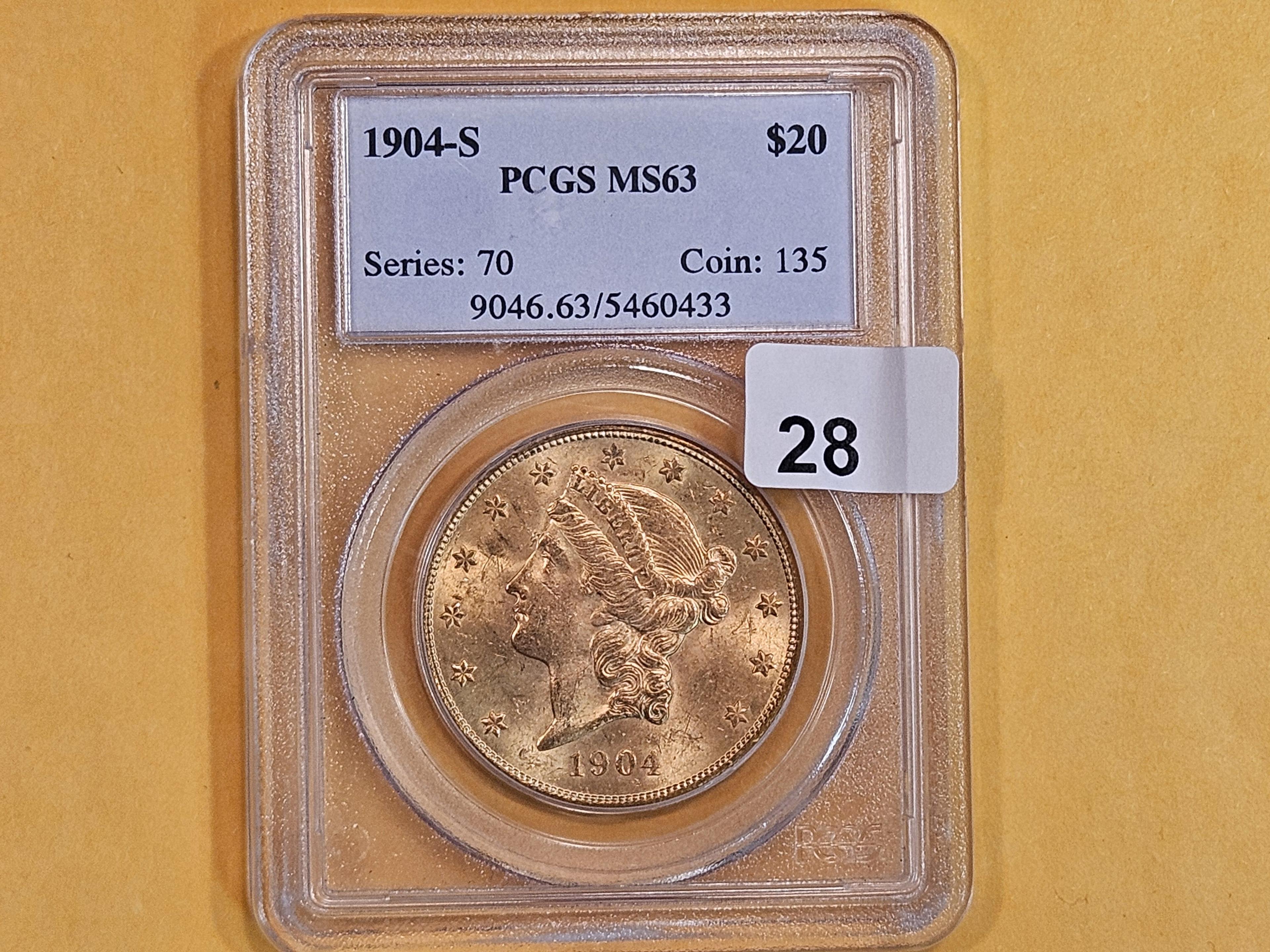 PCGS! GOLD 1904-S Liberty Head Gold Twenty Dollars in Mint State 63