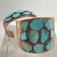 Two 1932 - 1972 Bell Trading Post Solid Copper And Turquoise Navajo Trade Bracelets
