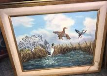 Framed signed canvas ducks picture 30 in x 25 in