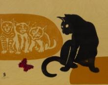 Tomikichiro Tokuriki (Japanese, 1902-1999) 'The Cats and Butterfly' Woodblock Print