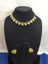 ELEGANT YELLOW LEAF PATTERN NECKLACE WITH MATCHING CLIP ON EARRINGS NOT MARKED